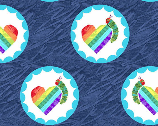 The Very Hungry Caterpillar Bright - Rainbow Hearts Dark Blue by Eric Carle from Andover Fabrics