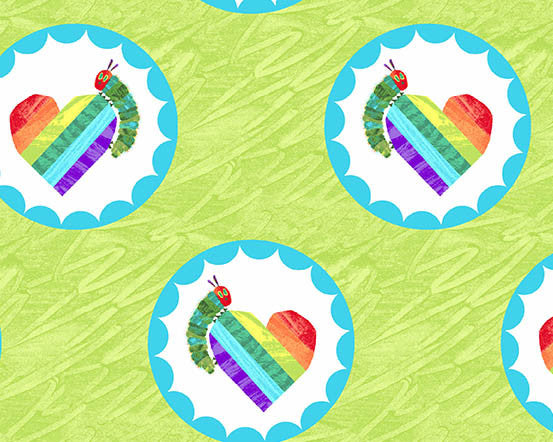 The Very Hungry Caterpillar Bright- Rainbow Hearts Green by Eric Carle from Andover Fabrics