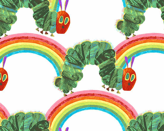 The Very Hungry Caterpillar Bright- Rainbow Caterpillars White by Eric Carle from Andover Fabrics