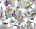 Funny Face - Girl City White LINEN CANVAS from Cosmo Fabric