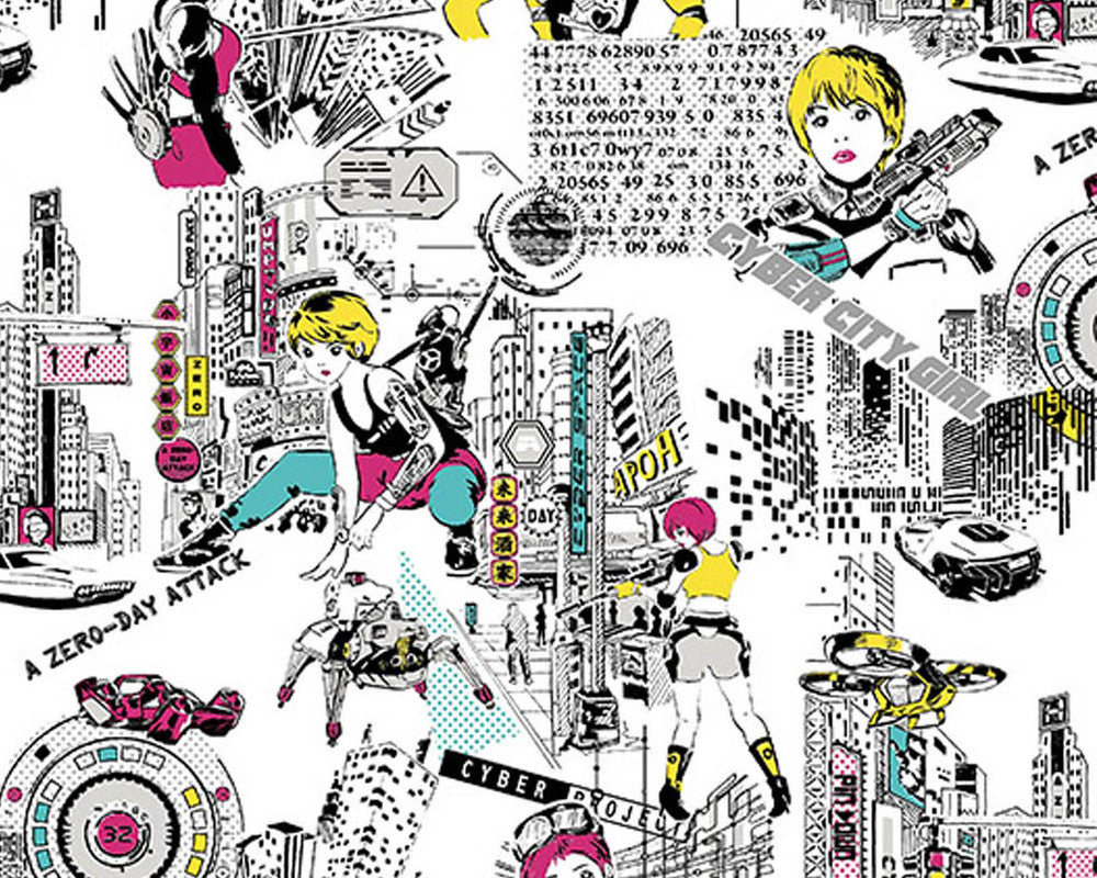 Funny Face - Girl City White LINEN CANVAS from Cosmo Fabric