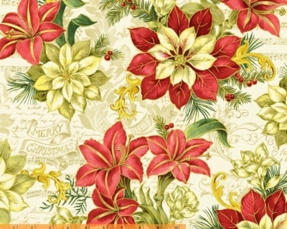 A Song of Christmas Metallic - Florals Scrolls Cream by Whistler Studios from Windham Fabrics