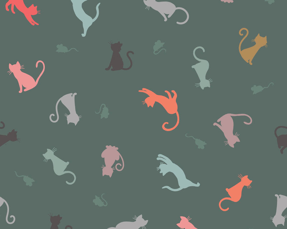 Purrfect Petals - Cat and Mouse Dark Teal from Lewis and Irene Fabric