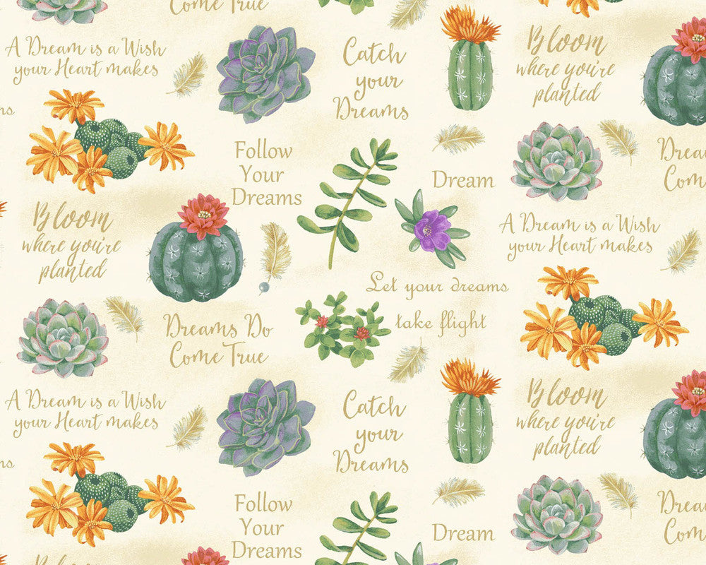 Dream Catcher - Succulents and Sayings by Jane Allison from Henry Glass Fabric
