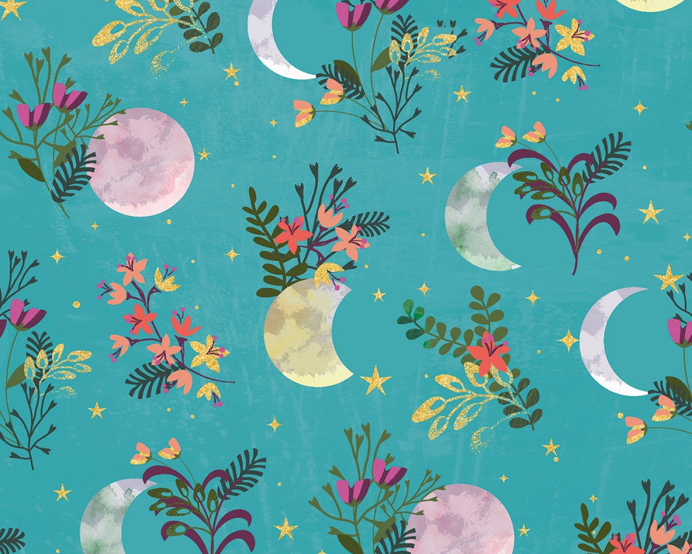 Moonlight - Floral Moon Metallic Turquoise by Jennifer Ellory from 3 Wishes Fabric