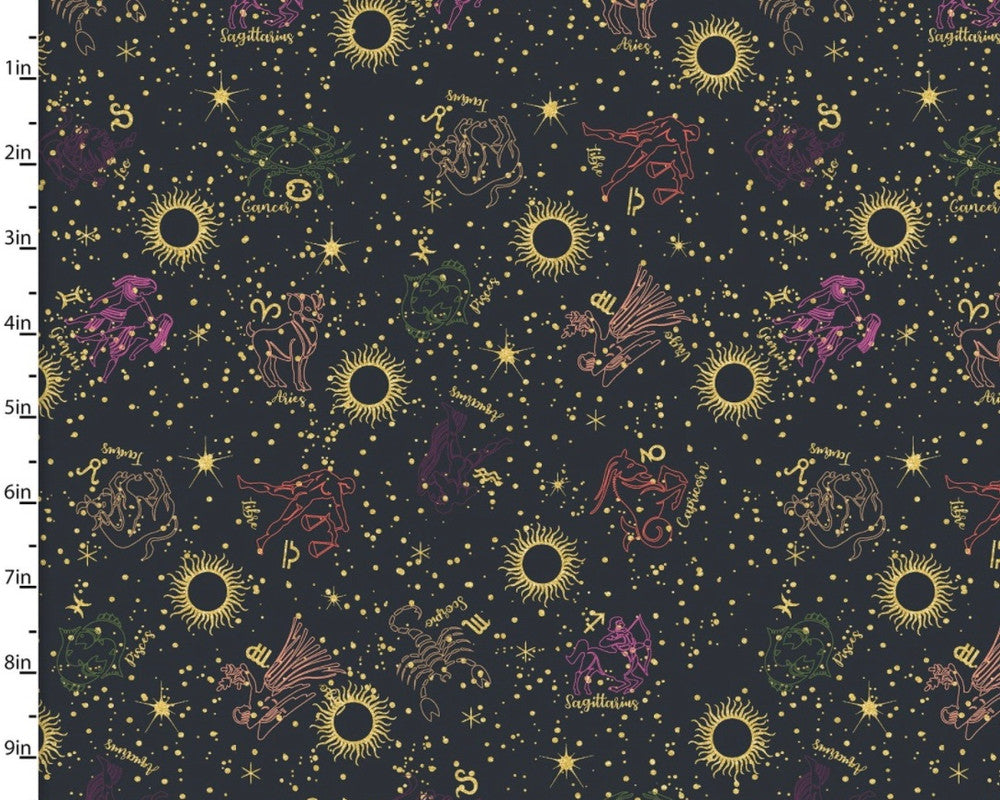 Moonlight - Zodiac Black Metallic from 3 Wishes Fabric
