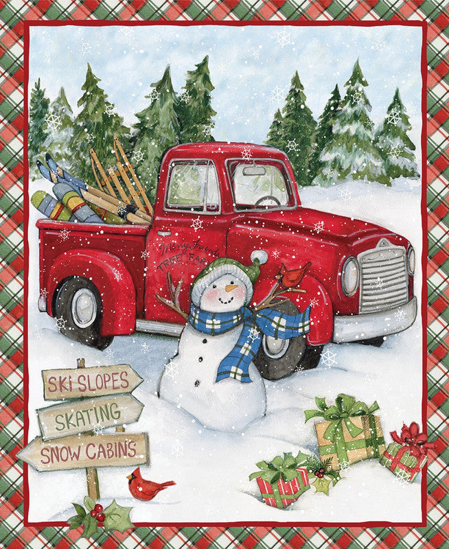 Christmas - Truck Ski Snowman PANEL Red by Susan Winget from Springs Creative Fabric