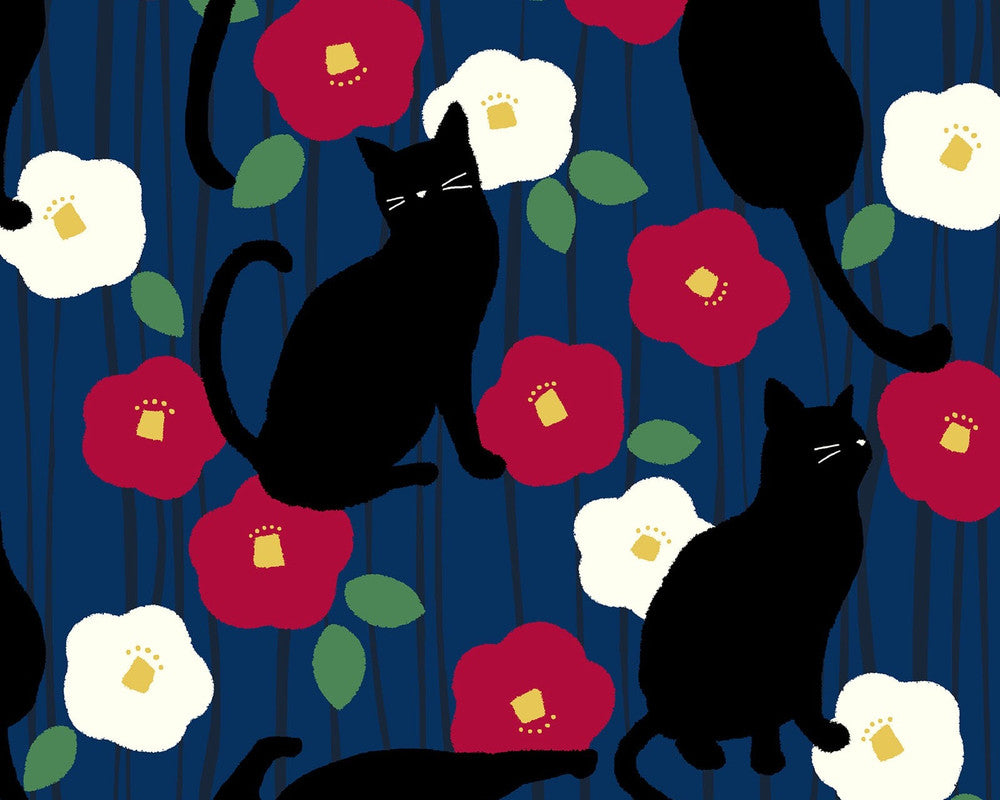Tsubaki and Cat DOBBY - Black Cats Floral on Blue from Cosmo Fabric