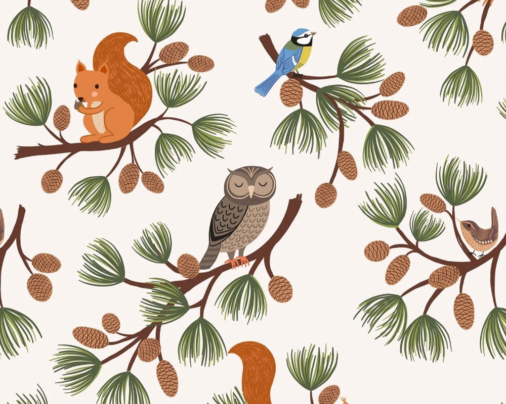 Evergreen - Pine Cone Branches Animals Cream from Lewis and Irene Fabric