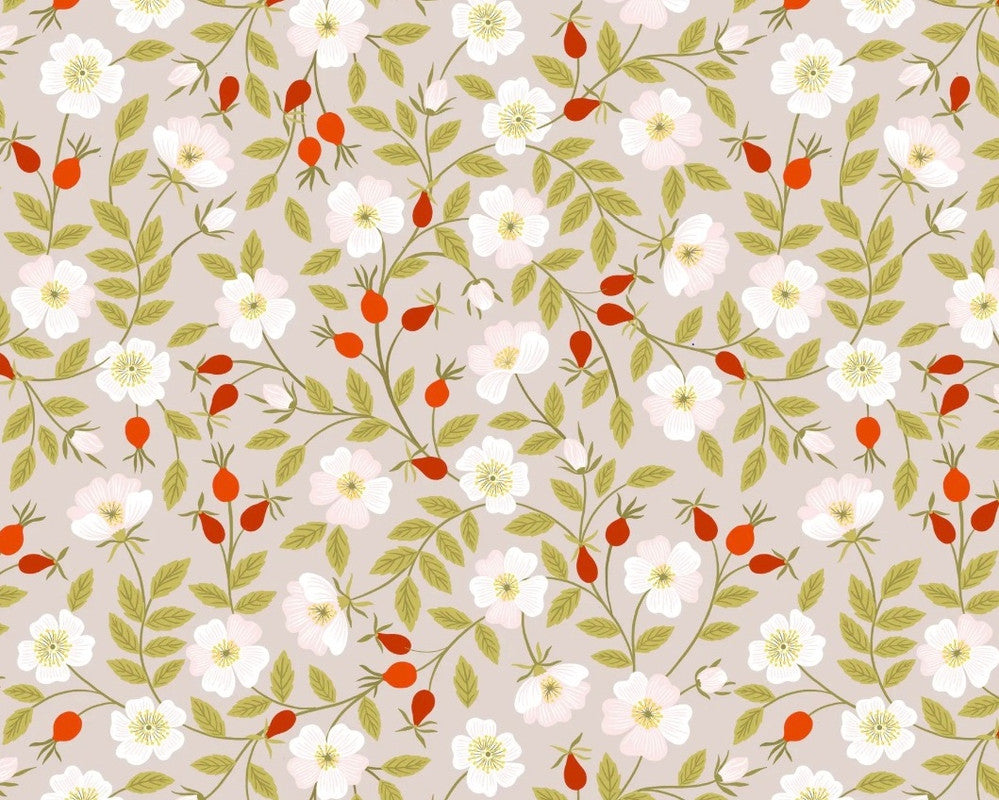 Evergreen - Dog Rose Floral Lt Grey from Lewis and Irene Fabric