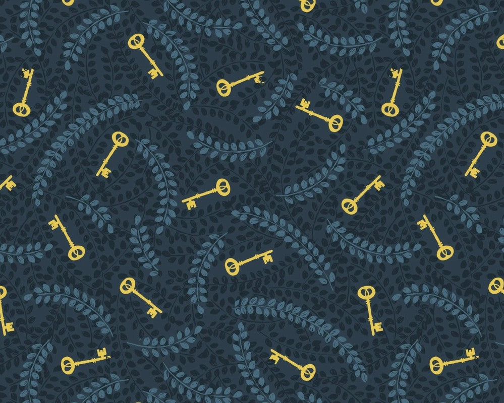 Secret Winter Garden - Keys Metallic Dk Blue from Lewis and Irene Fabric