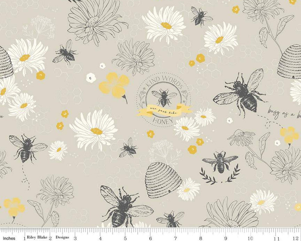 Honey Bee - Main Taupe Floral Bee Honeycomb by My Mind’s Eye from Riley Blake Fabric