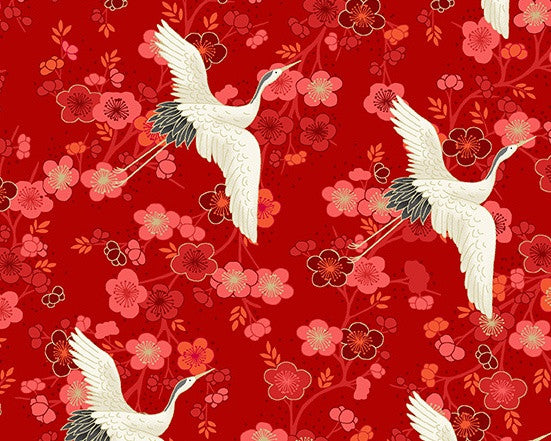 Hikari - Cranes Red from Makower UK Fabric