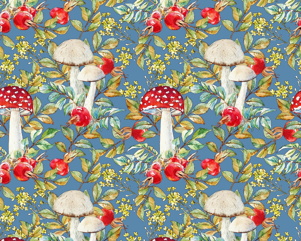 Hedgehog Hollow - Mushrooms Blue by Jason Yenter from In The Beginning Fabric
