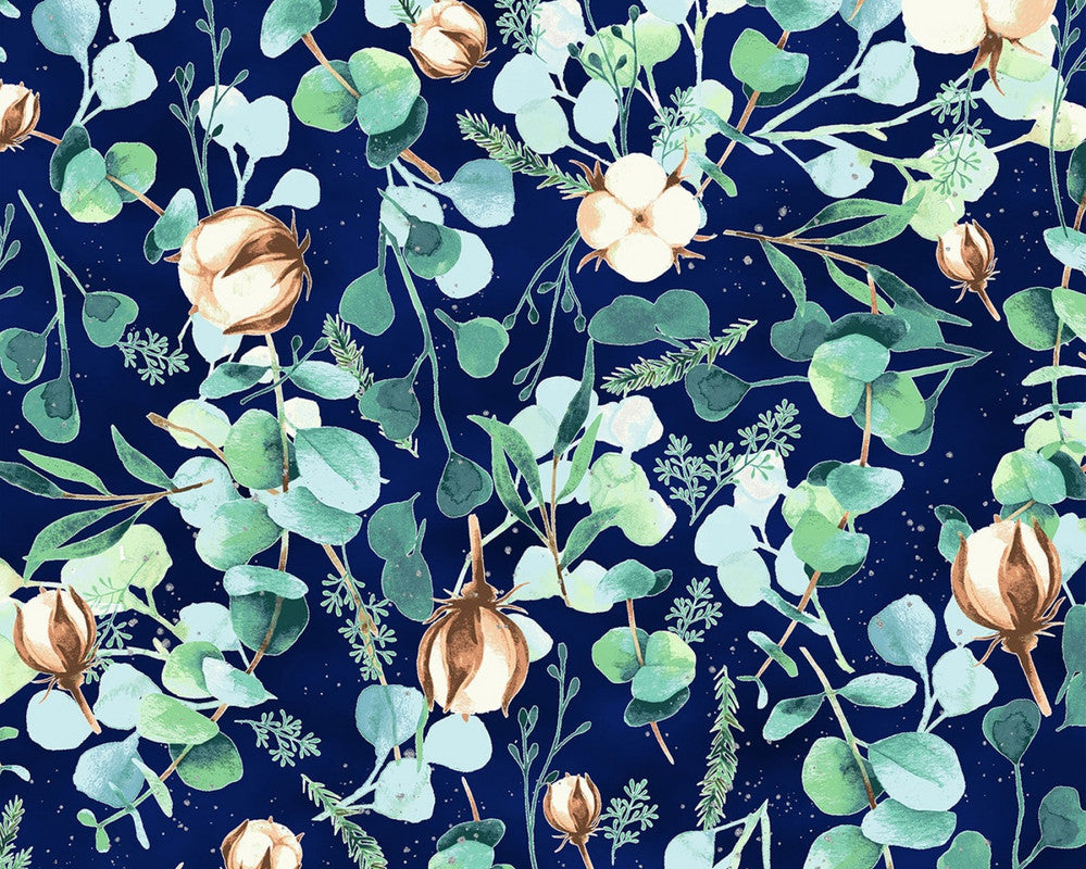 Fly Away for Winter - Floral Leaf Navy Silver from Hoffman Fabrics
