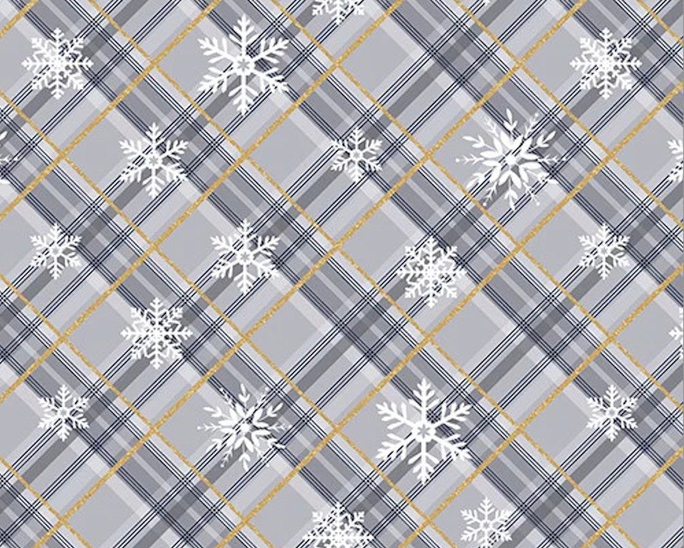 Majestic Winter GLITTER - Snowflake Plaid Gray by Louise Allen from 3 Wishes Fabric