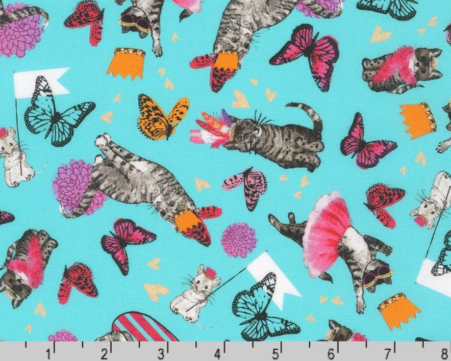 Fancypants - Cats Life Butterflies Turquoise by World Art Group from Robert Kaufman Fabrics