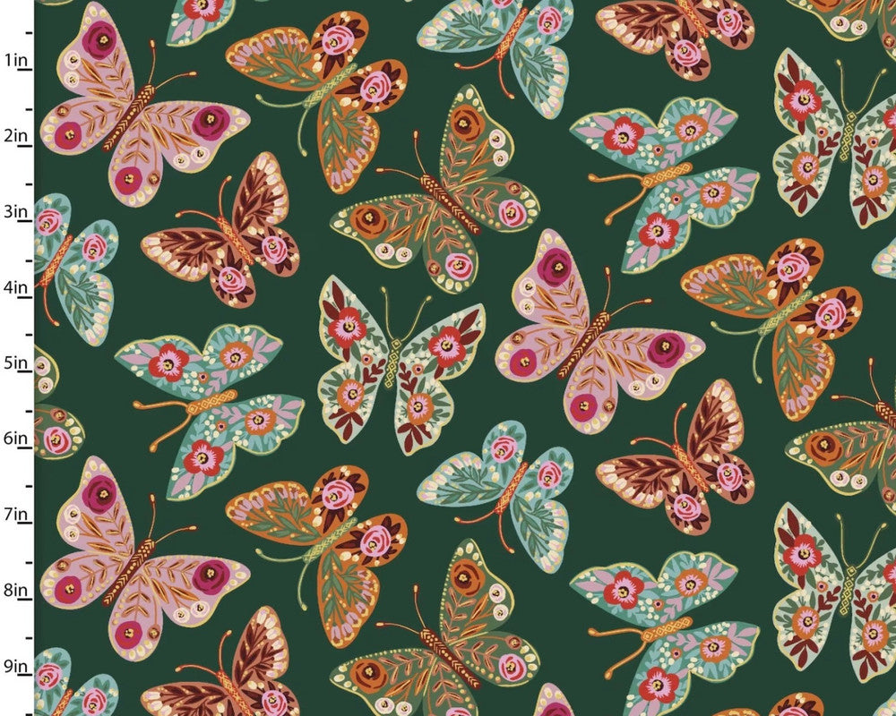 Folk Flora - Butterfly Green from 3 Wishes Fabric