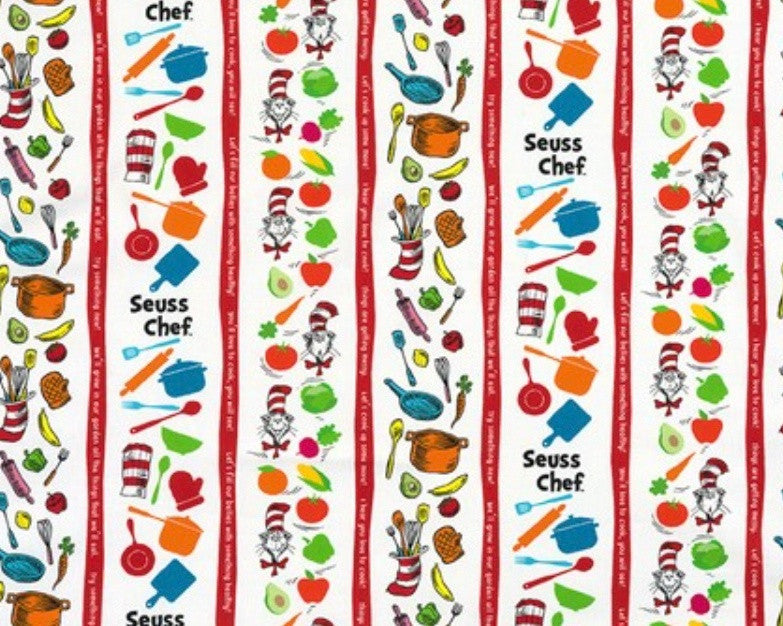 Seuss Chef - Cooking Items Stripe White by Dr. Seuss from Robert Kaufman Fabrics