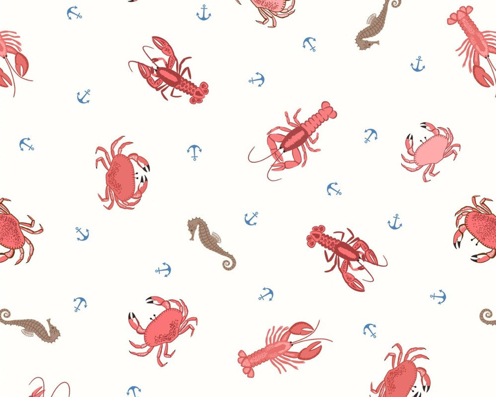 Small Things Coastal - Crab Lobster Seahorses Cream from Lewis and Irene Fabric