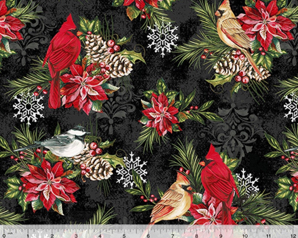 Holiday Greetings - Winter Songbirds Black by Jean Plout from Windham Fabrics