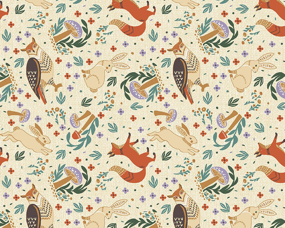 Cottage Core - Woodland Cottage Animals Mushrooms Cream from Benartex Fabrics