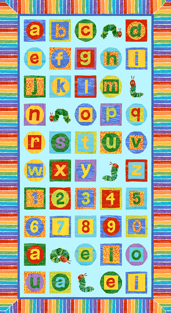 The Very Hungry Caterpillar -  Alphabet Blue PANEL by Eric Carle from Andover Fabrics