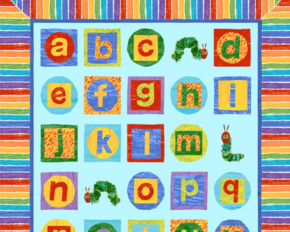 The Very Hungry Caterpillar -  Alphabet Blue PANEL by Eric Carle from Andover Fabrics