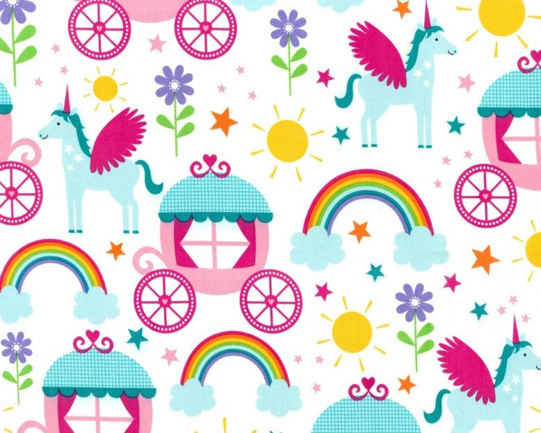 Rainbow and Unicorns Princess Carriage Pink from Michael Miller Fabrics