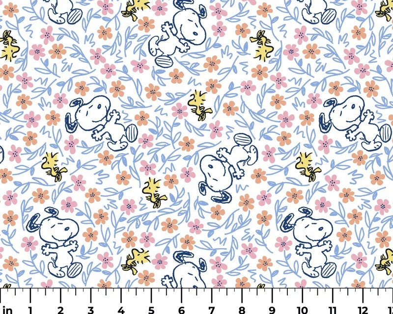 Peanuts - Snoopy and Woodstock Floral Frolic White from Springs Creative Fabric