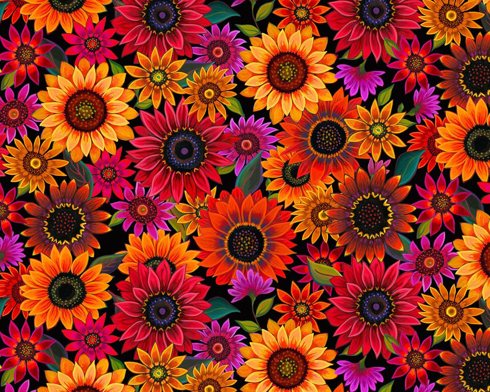 For The Love of Sunflowers - Packed Sunflowers Black by Peggy Davis from Elizabeth’s Studio Fabric