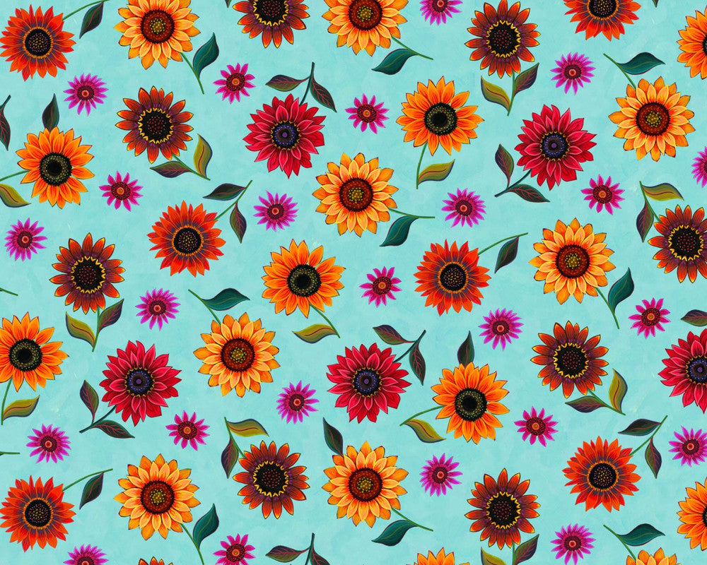 For The Love of Sunflowers - Small Scattered Sunflowers Aqua by Peggy Davis from Elizabeth’s Studio Fabric