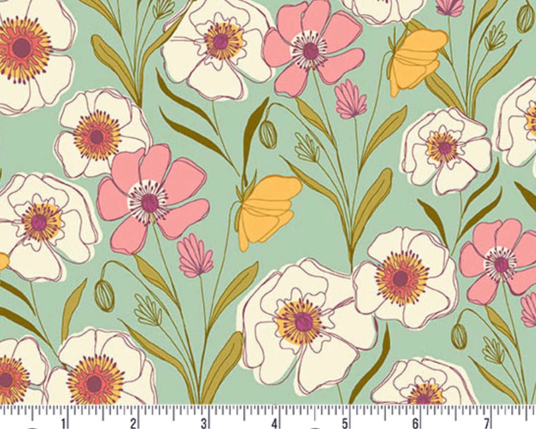 Meadow Walk - Poppies Meadow Spring Aqua by Alexandra Bordallo from Andover Fabrics