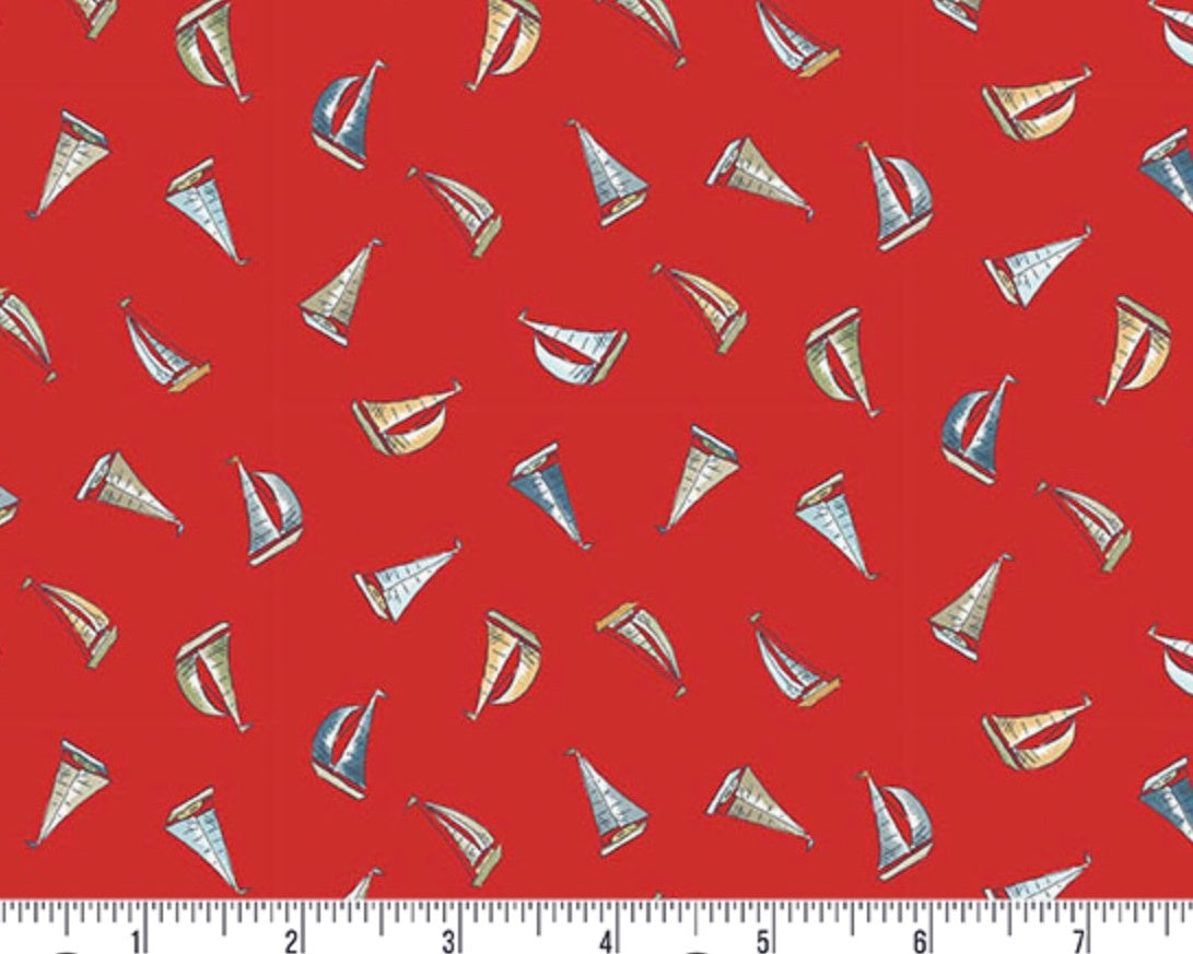 High Tide - Sail Away Sailboats Red from Makower UK  Fabric