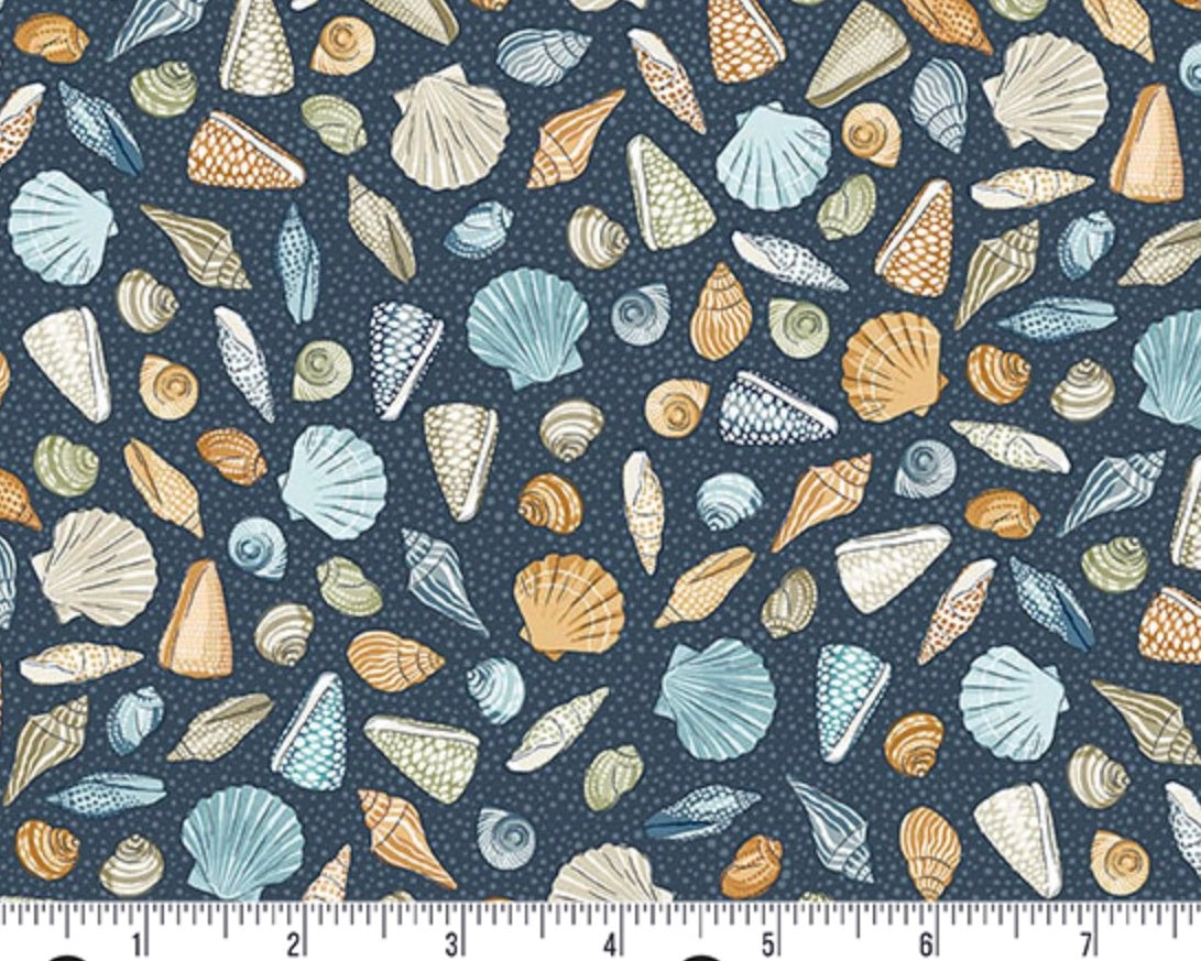 High Tide - Beachcomber Shells Dark Blue from Makower UK  Fabric