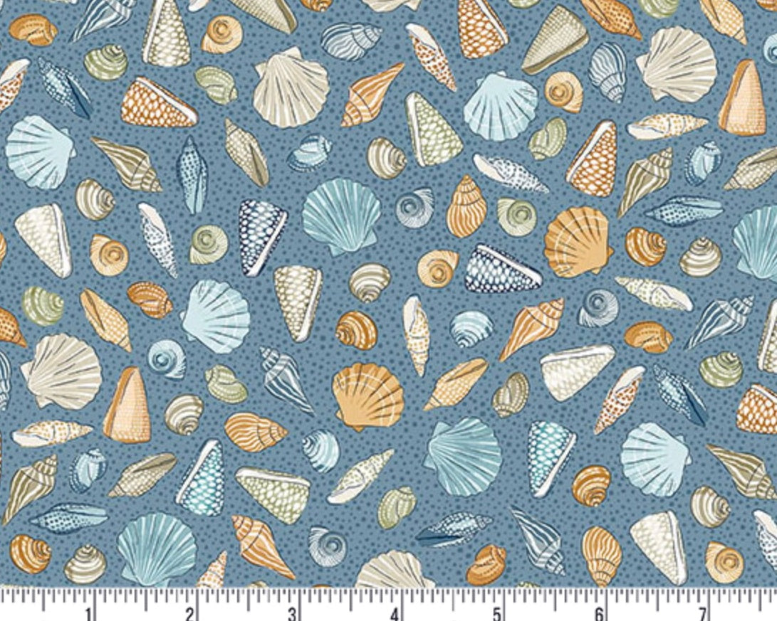 High Tide - Beachcomber Shells Mid Blue from Makower UK  Fabric