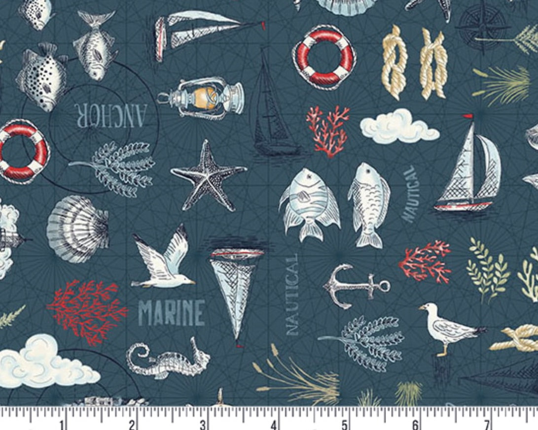 High Tide - Maritime Dark Blue from Makower UK  Fabric