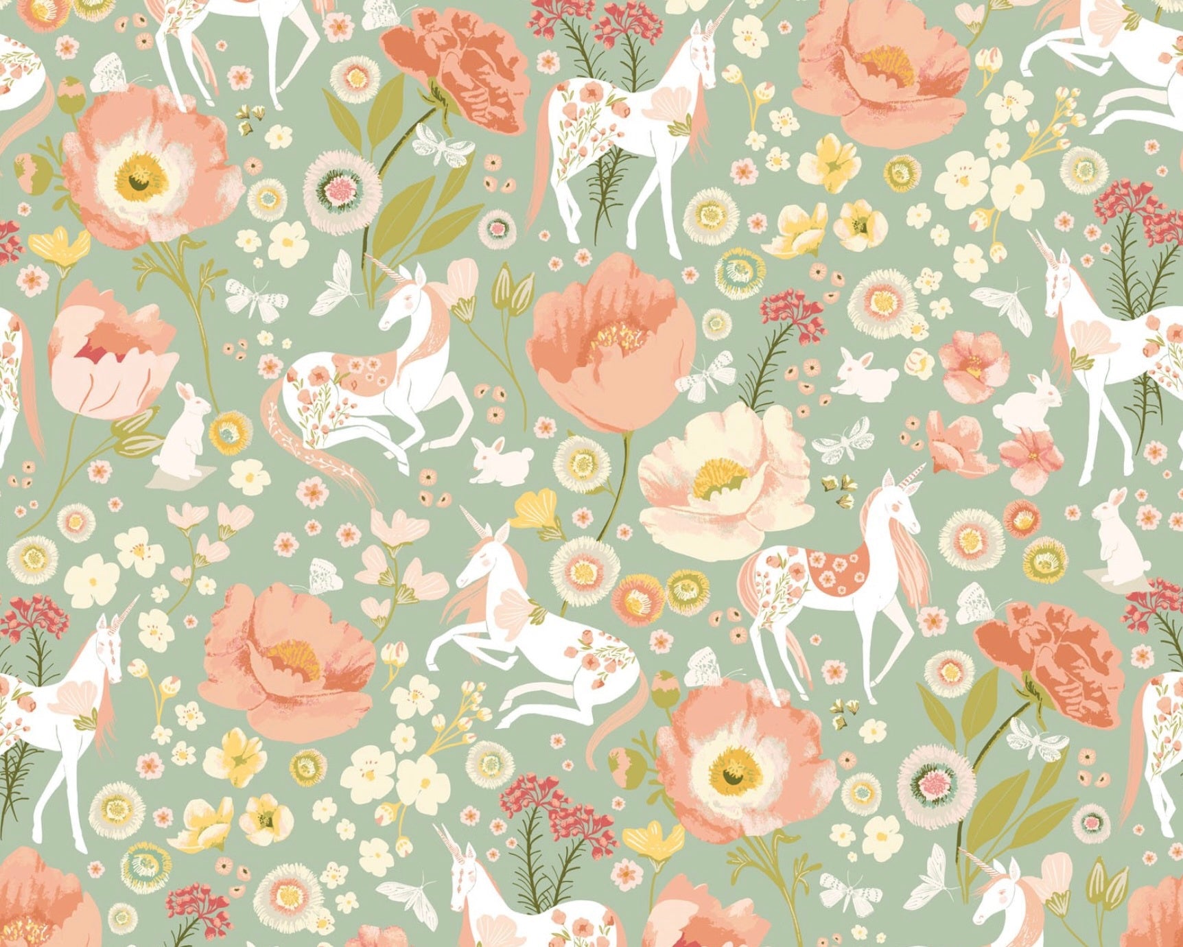 Unicorn Dreams - Dreamland Unicorn Floral Mint from Poppie Cotton Fabric