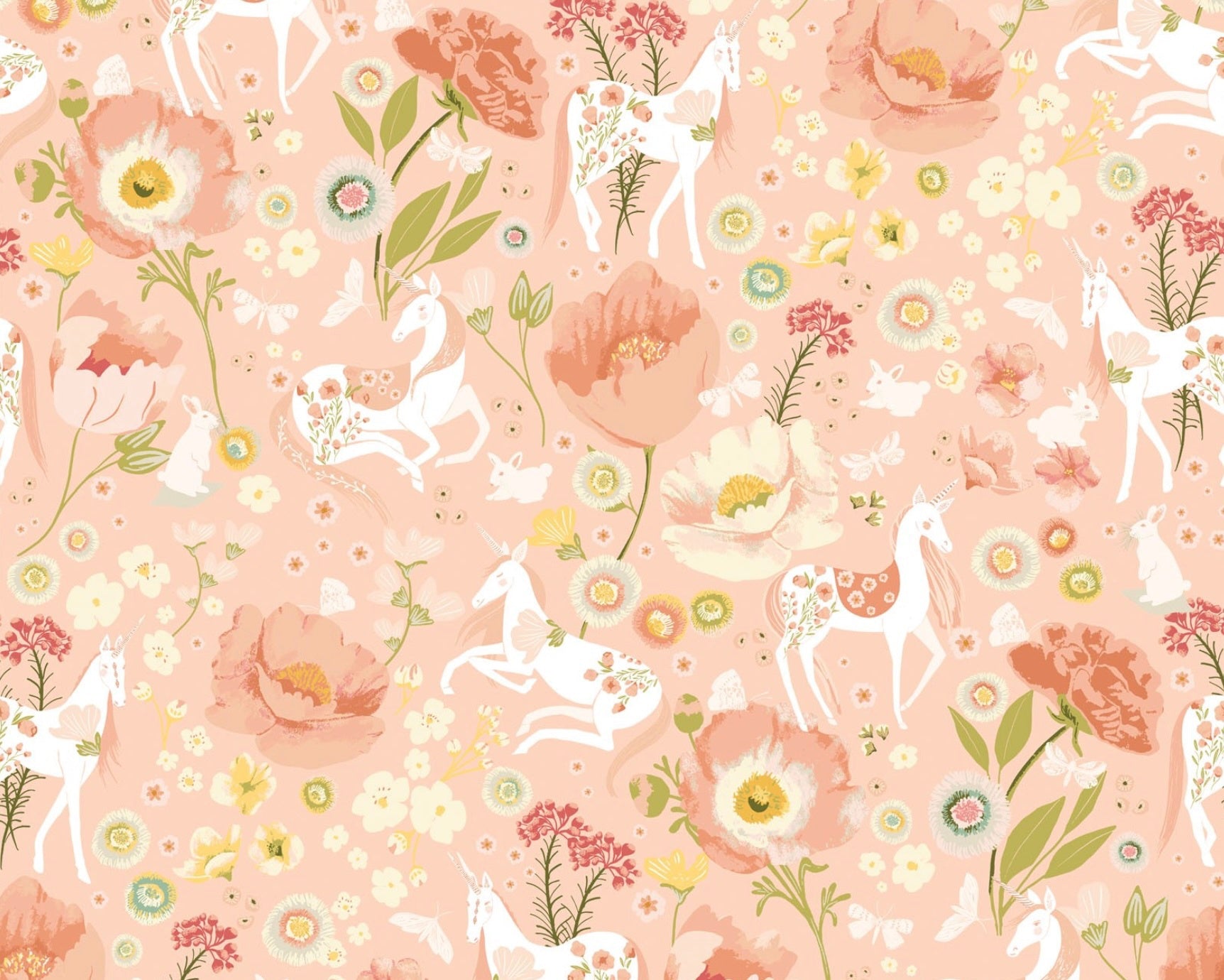 Unicorn Dreams - Dreamland Unicorn Floral Peach from Poppie Cotton Fabric