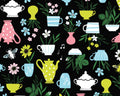Sisters - Spill The Tea Teacups Plants Black from Felicity Fabrics