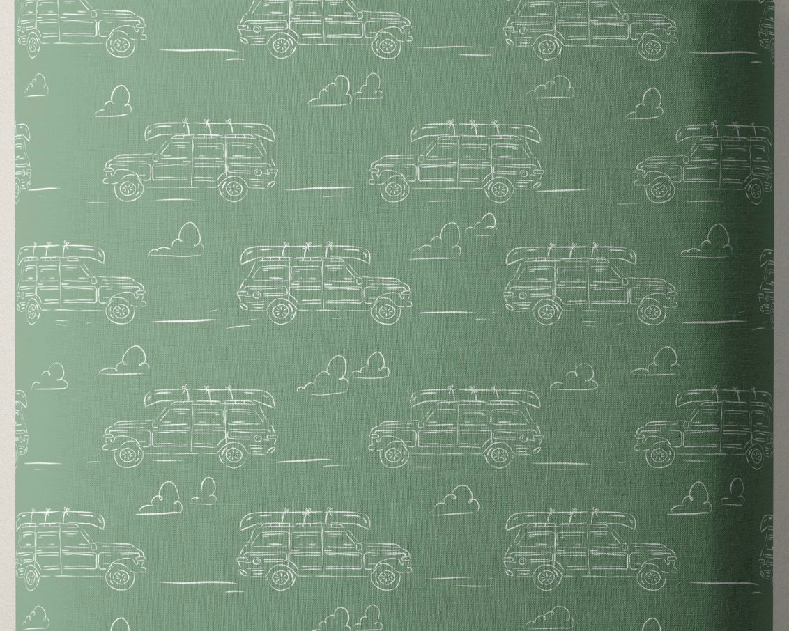 Camp Canine - Headed For Adventures Cars Green by Krissy Mast from Cloud9 Fabrics