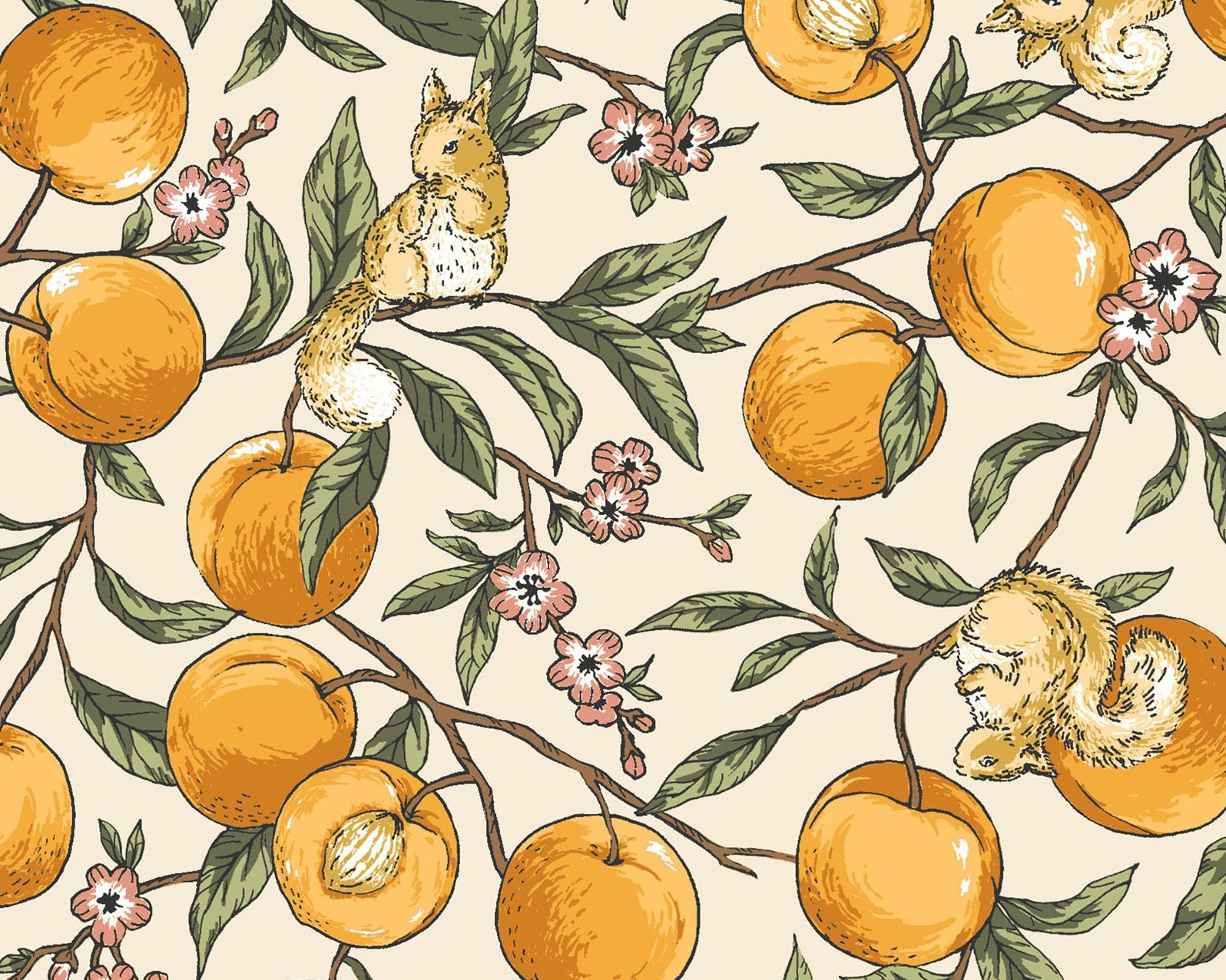 Squirrels and Horses - Squirrels Apricot Branch Cream from Cosmo Fabric