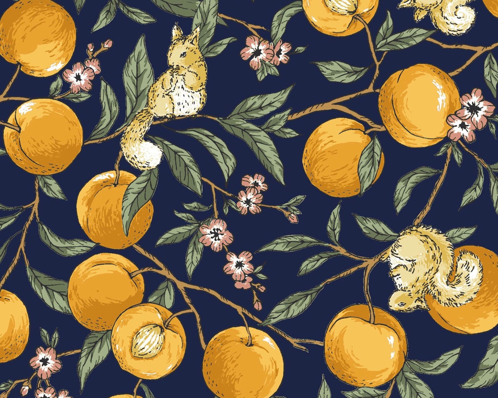 Squirrels and Horses - Squirrels Apricot Branch Dark Blue Navy from Cosmo Fabric