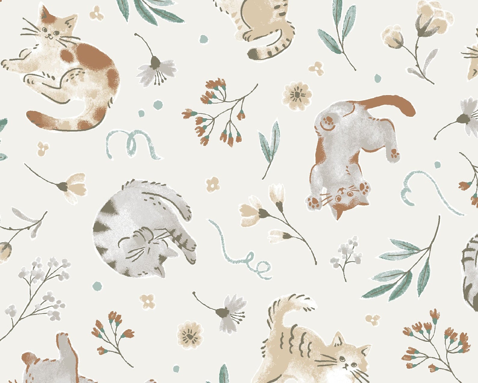 Cute Animal DOUBLE GAUZE - Cats Floral Toss Cream from Cosmo Fabric