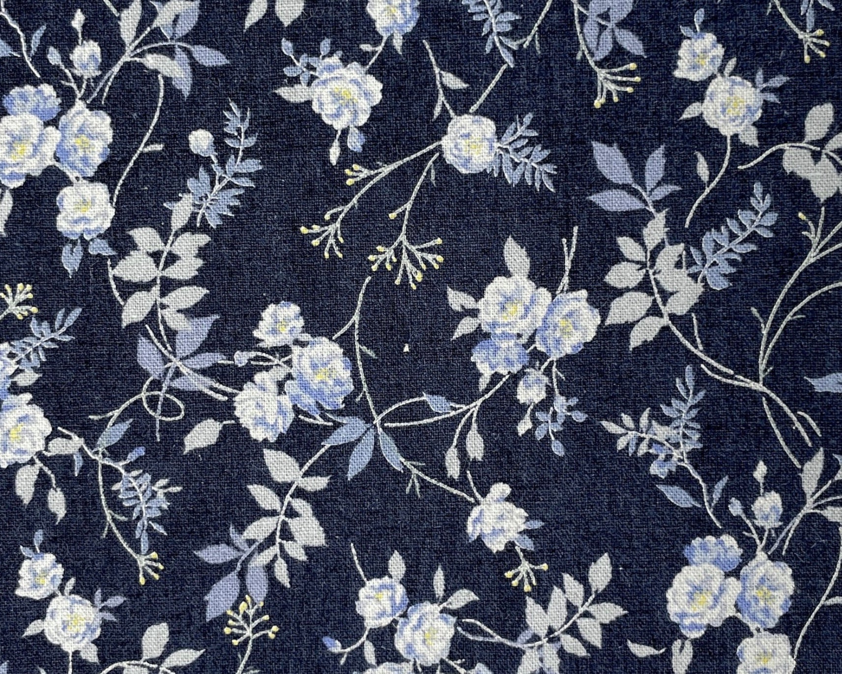 French Rose - LINEN CANVAS Roses Sprig Dk Blue from Elite Fabric