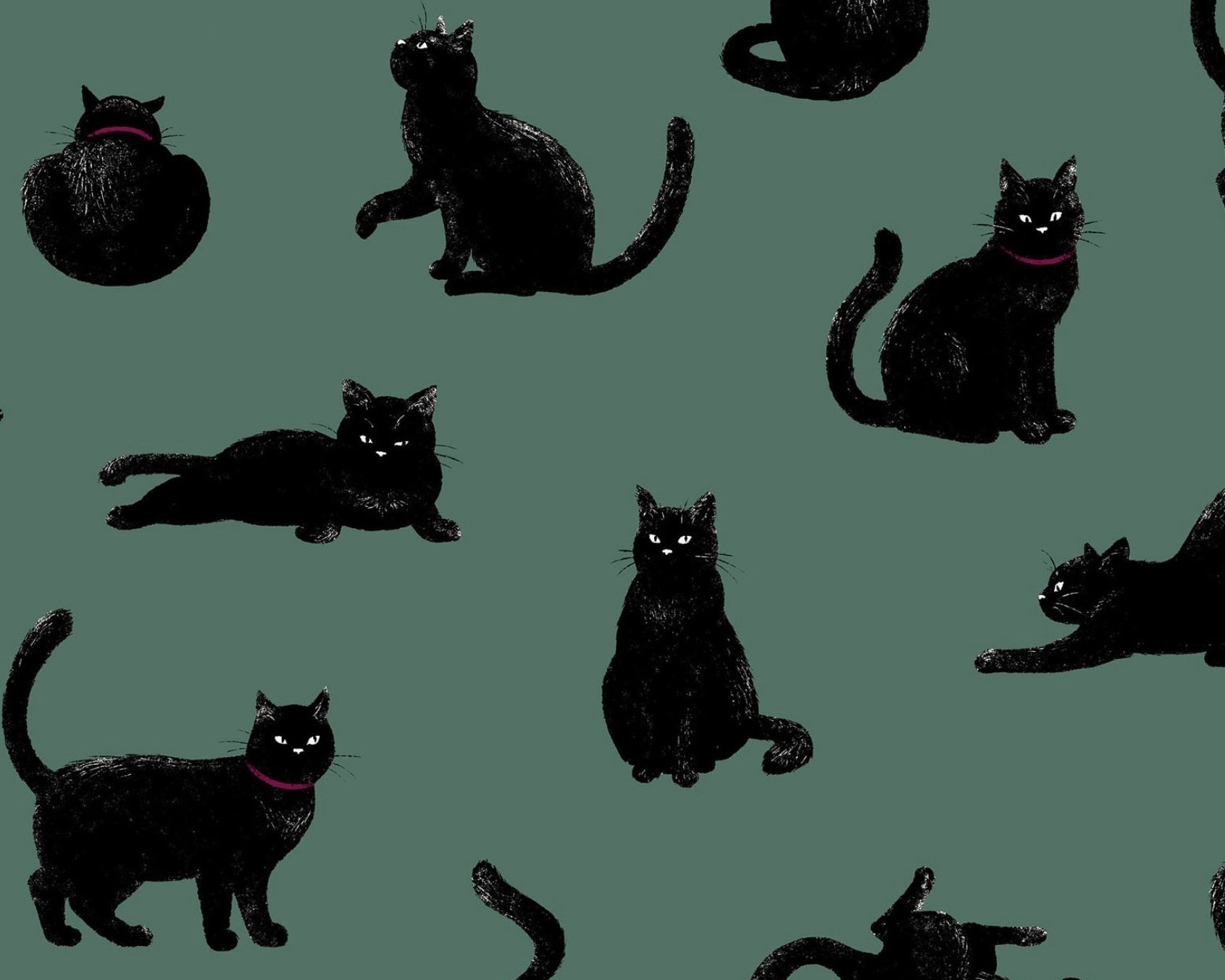 Black Cats OXFORD - Cats Dusty Green from Cosmo Fabric