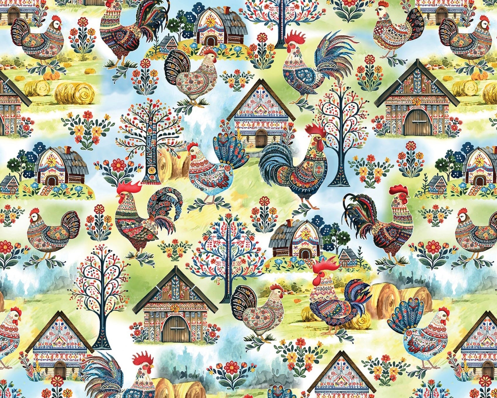 Farm Feathered Folk - Scenic Hen Roosters Coop from Benartex Fabrics