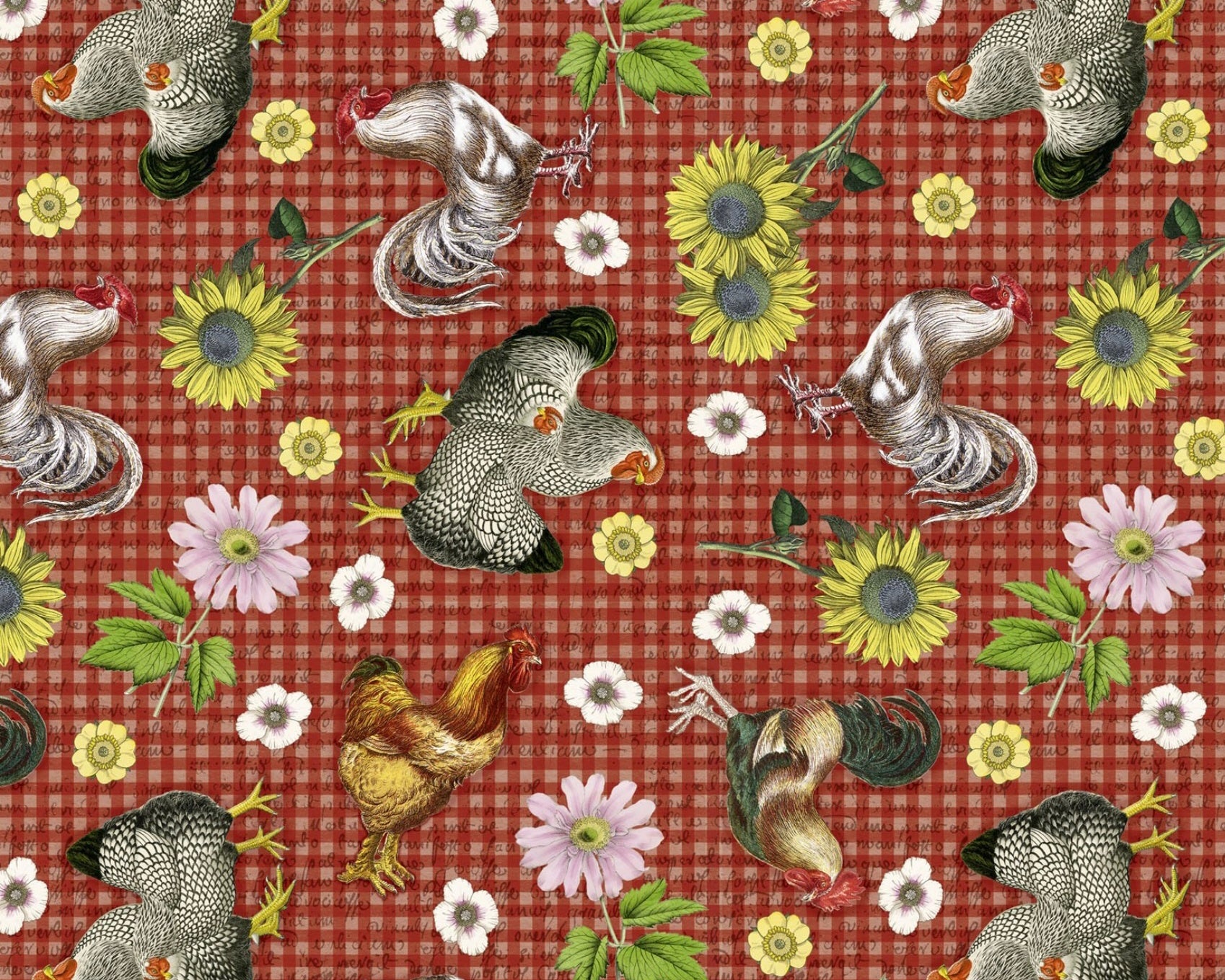 Farmhouse Gingham Chickens Hens Red from David Textiles Fabrics