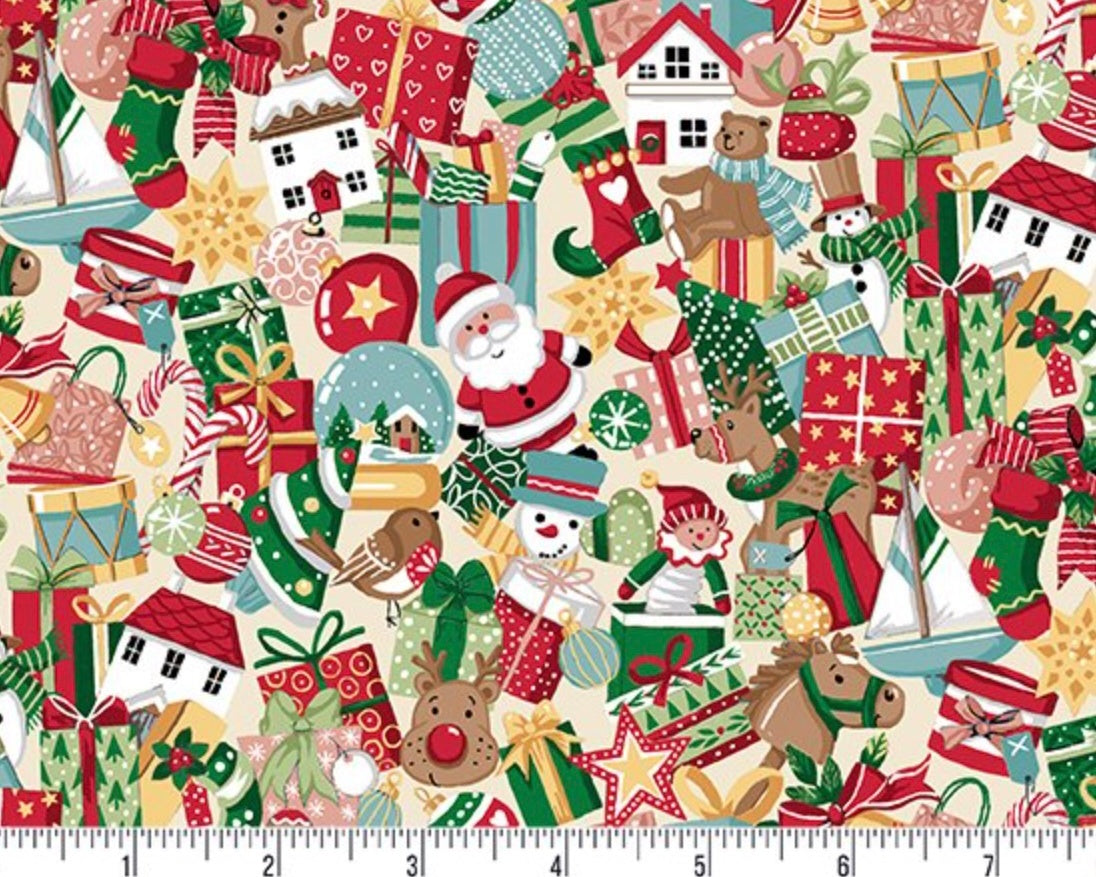 Christmas Wishes - Stocking Fillers Cream from Makower Fabric