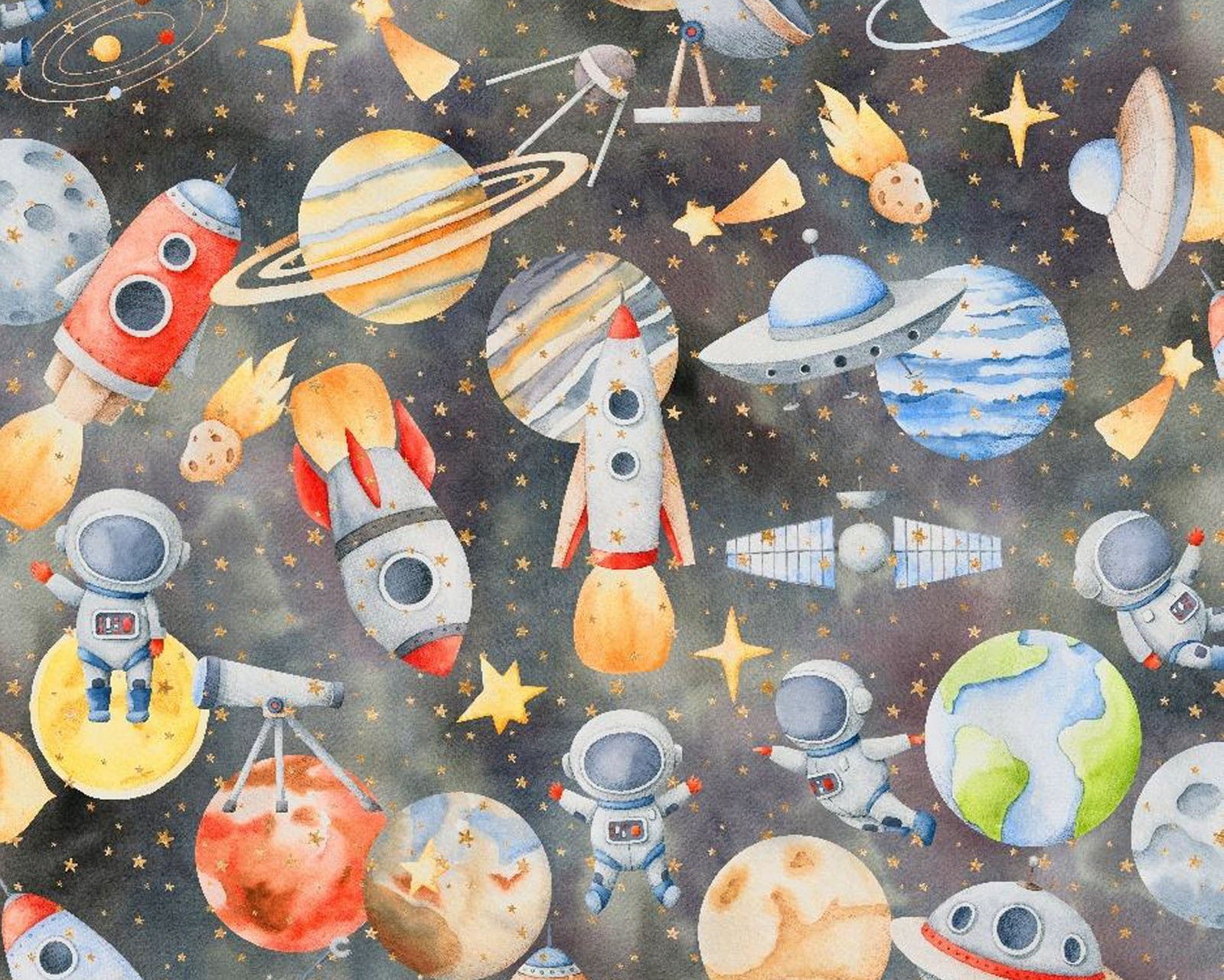 Space Prints Space Ships Planets Grey from 3 Wishes Fabric
